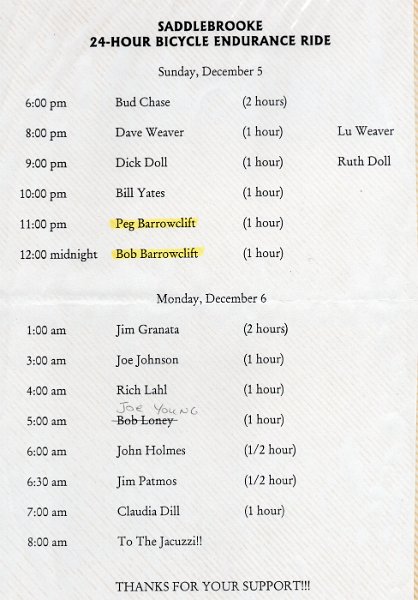 Ride - Dec 1993 - 24 Hour Endurance for Angel Tree - Support Riders Schedule